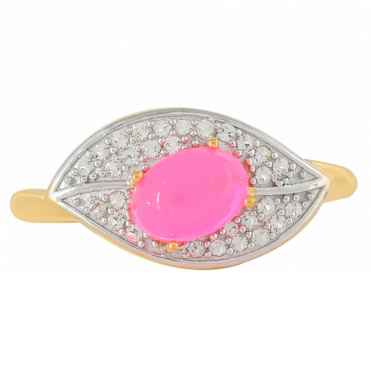 Pierścionek srebrny pozłacany z neonowym różowym opalem i białym topazem