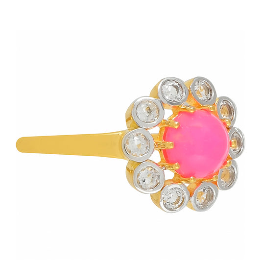 Pierścionek srebrny pozłacany z neonowym różowym opalem i białym topazem