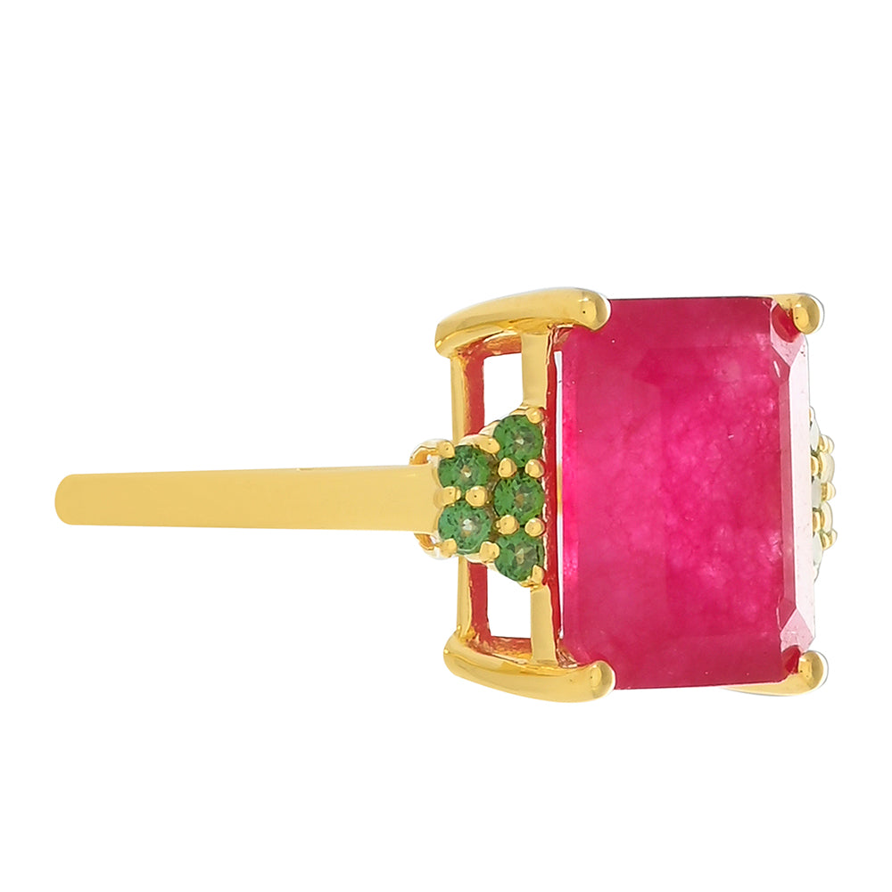 Pierścionek srebrny pozłacany z różowym kwarcem i zielonym topazem
