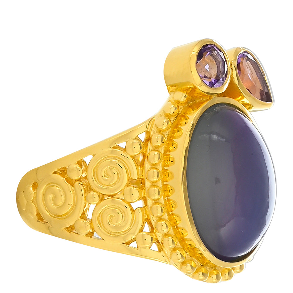 Pierścionek srebrny pozłacany z purpurowym kamieniem księżycowym i marokańskim ametystem