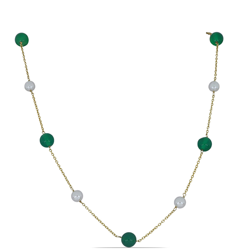 Naszyjnik srebrny pozłacany z zielonym kwarcem i białym topazem