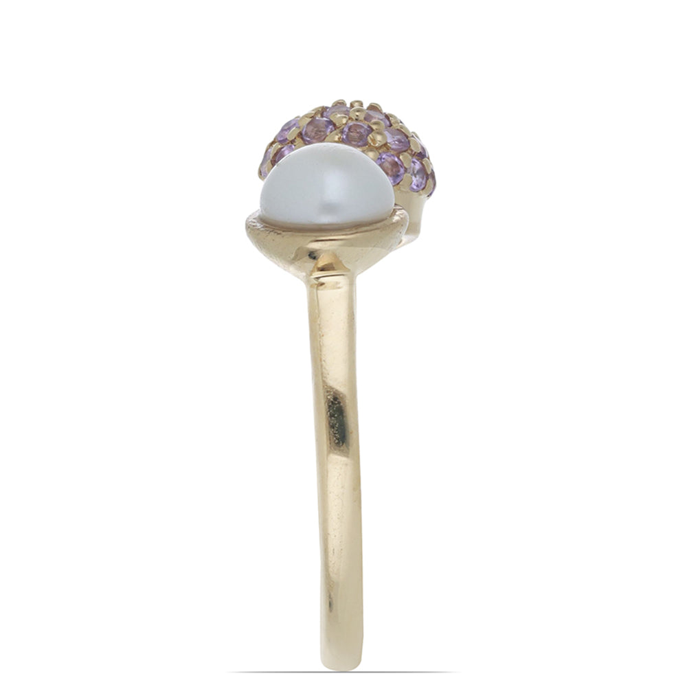 Pierścionek srebrny pozłacany z ametystem rose de france i białą perłą słodkowodną
