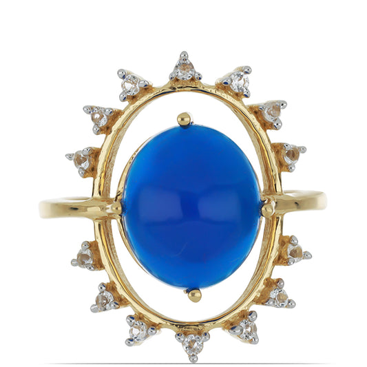 Pierścionek srebrny pozłacany z niebieskim opalem etiopskim i białym topazem