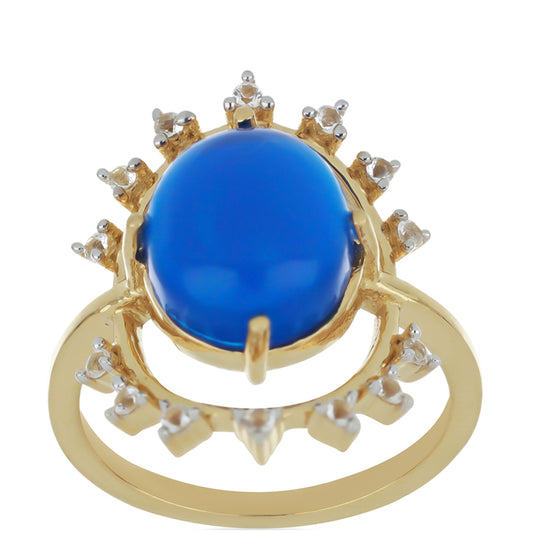 Pierścionek srebrny pozłacany z niebieskim opalem etiopskim i białym topazem