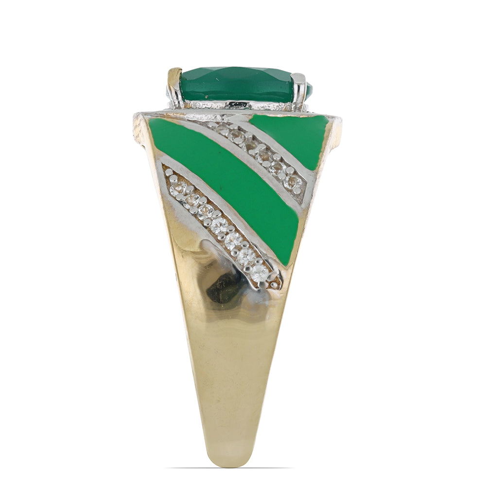 Pierścionek srebrny pozłacany z zielonym agatem
 i białym topazem