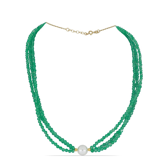 Naszyjnik srebrny pozłacany z zielonym agatem
 i białą perłą słodkowodną