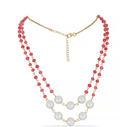 Naszyjnik srebrny pozłacany z różowym onyksem i białą perłą słodkowodną