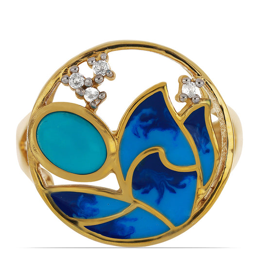 Pierścionek srebrny pozłacany emaliowany i niebieskim turkusem