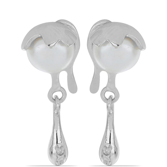 Kolczyki ze srebra próbe 925 z białym diamentem i białą perłą słodkowodną