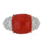 Pierścionek srebrny pozłacany z czerwoną gąbką koralową i białym topazem