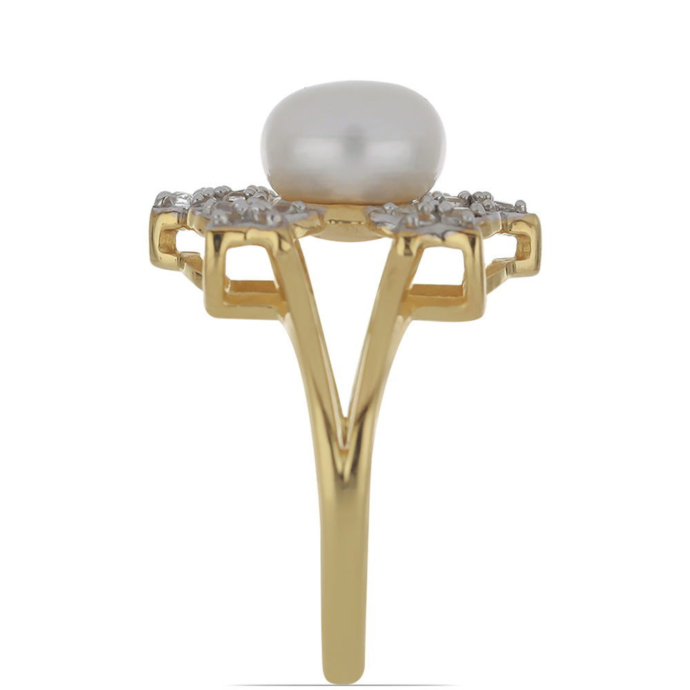 Pierścionek srebrny pozłacany z białą perłą słodkowodną i białym topazem