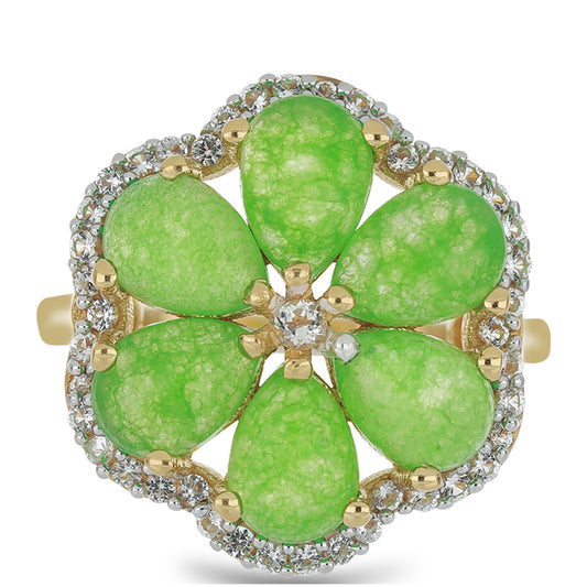 Pierścionek srebrny pozłacany z zielonym jadeitem i białym topazem