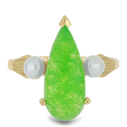 Pierścionek srebrny pozłacany z zielonym jadeitem i białą perłą słodkowodną