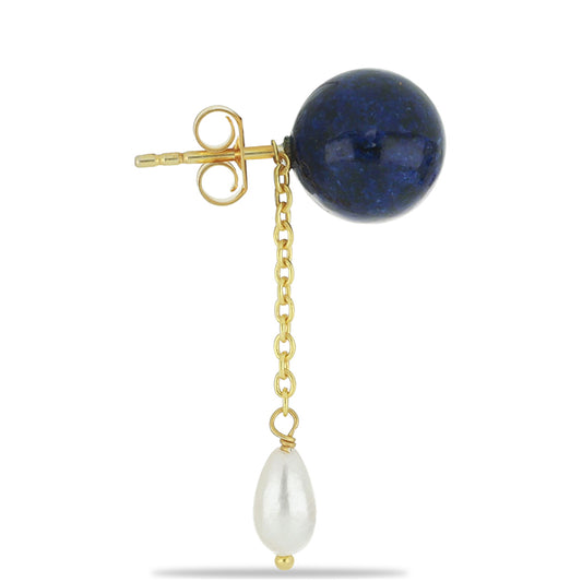 Kolczyki srebrne pozłacane z lapis lazuli i białą perłą słodkowodną