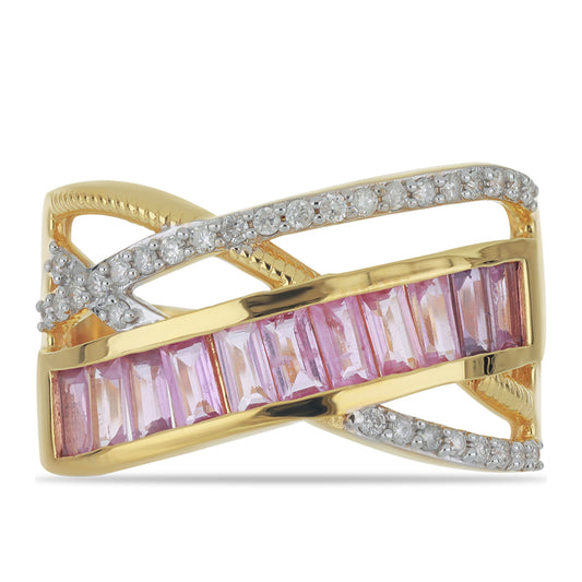 Pierścionek z 9K złota z różowym szafirem i białym diamentem