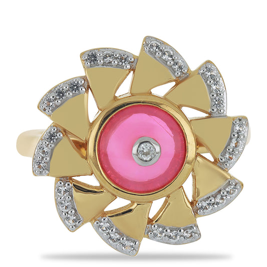 Pierścionek srebrny pozłacany z różowym opalem i białym topazem