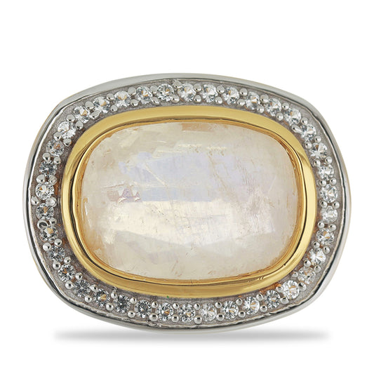 Pierścionek srebrny pozłacany z tęczowym kamieniem księżycowym i białym topazem