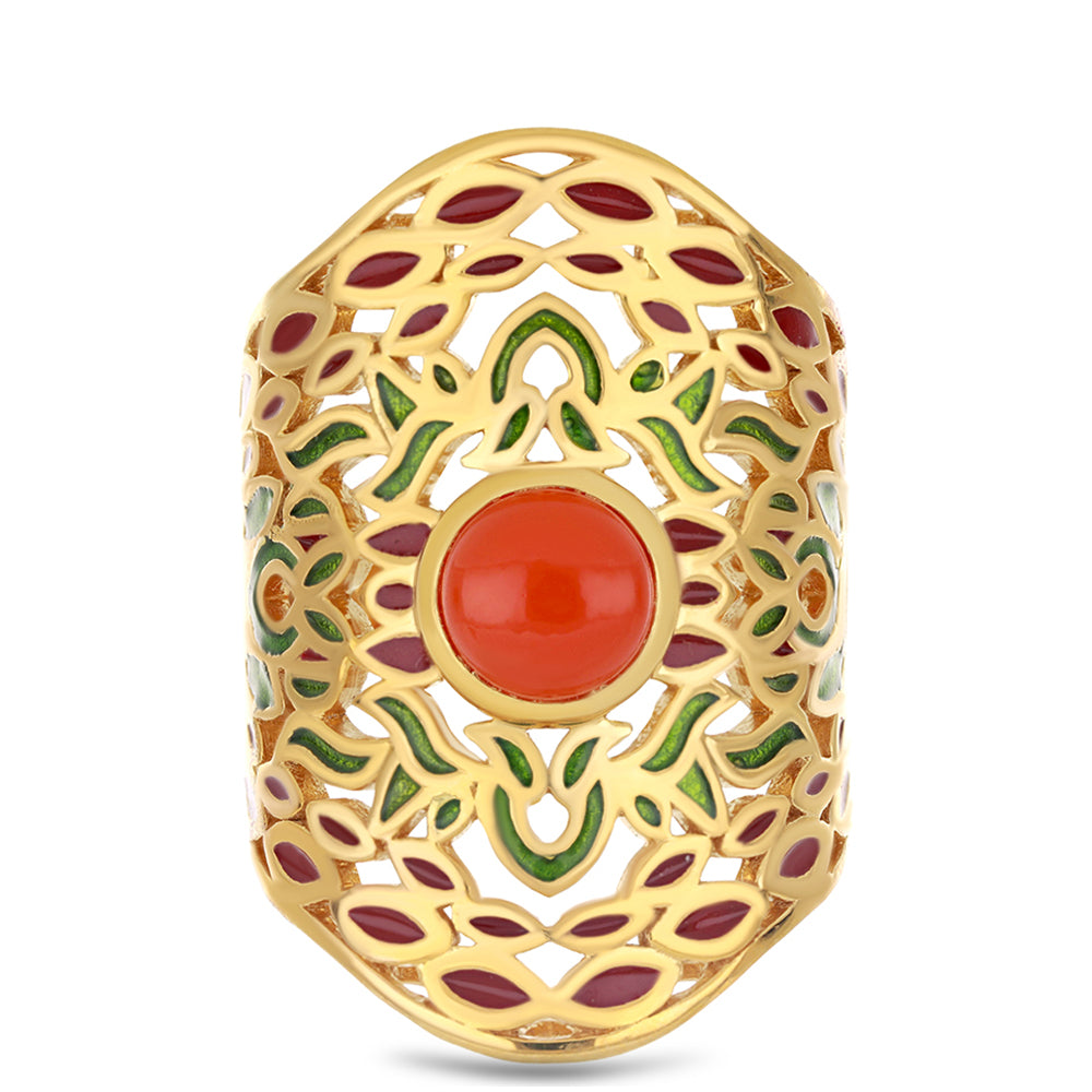 Pierścionek srebrny pozłacany emaliowany i czerwonym agatem