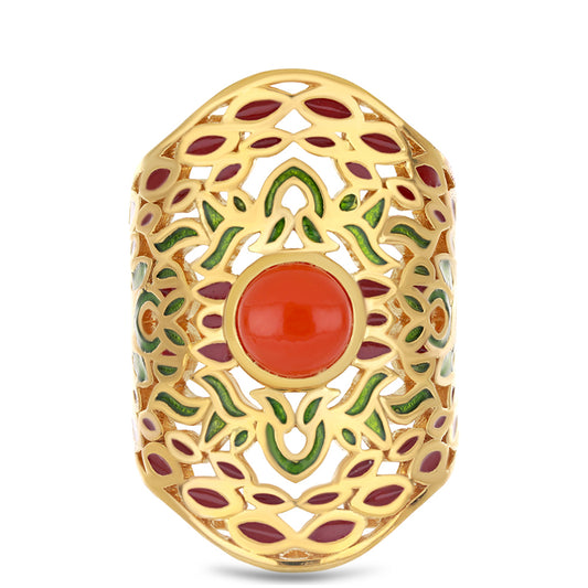 Pierścionek srebrny pozłacany emaliowany i czerwonym agatem